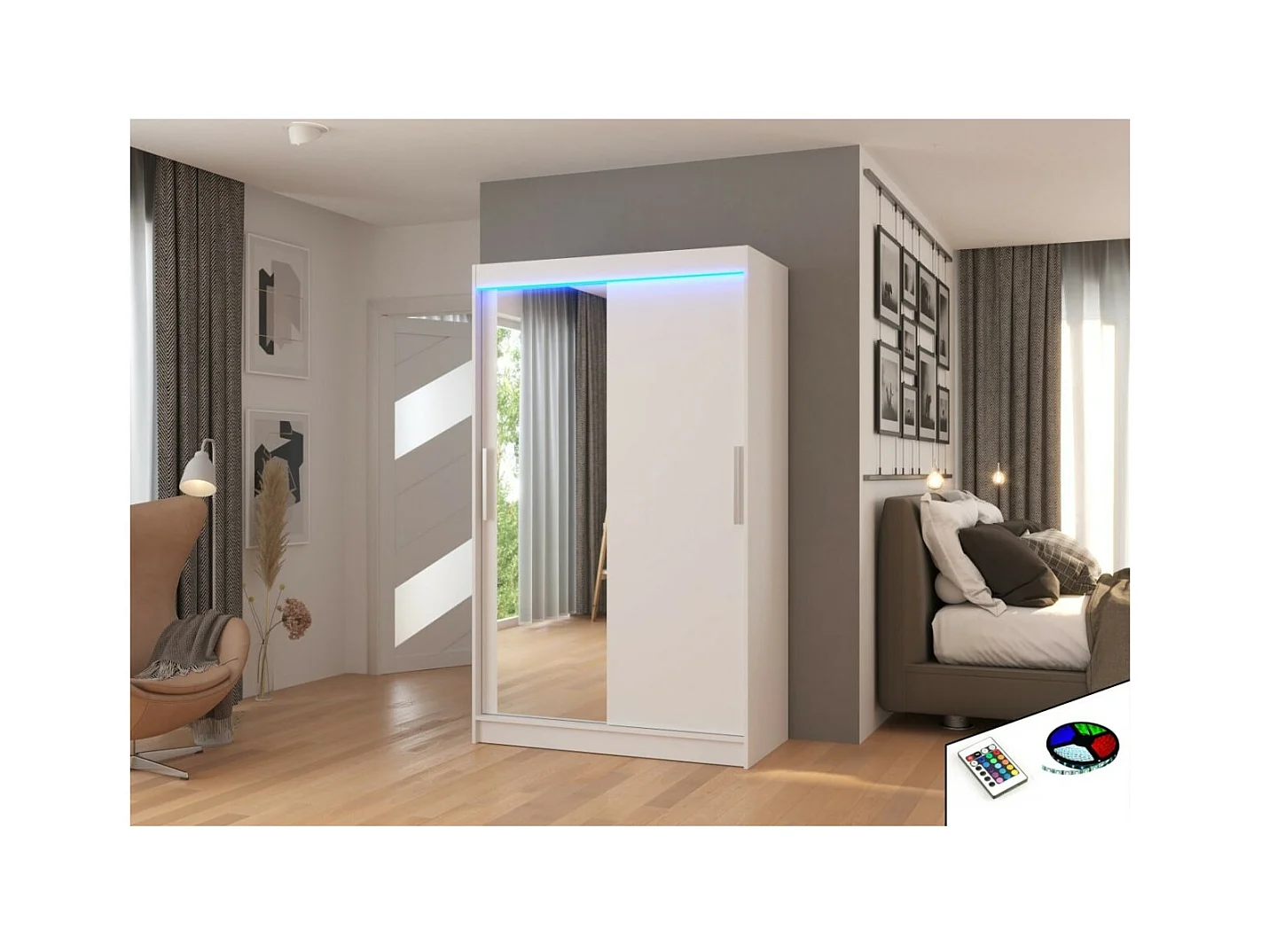 Armoire Lario Lux (120cm)/portes coulissantes/verre/LED/Blanc