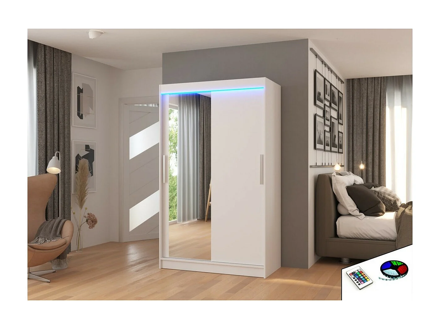 Armadio Lario Lux (120cm)/ante scorrevoli/vetro/LED/Bianco