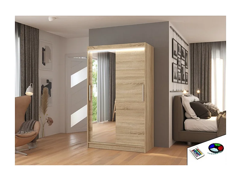 Armoire Lario Lux (120cm)/portes coulissantes/verre/LED/Sonoma