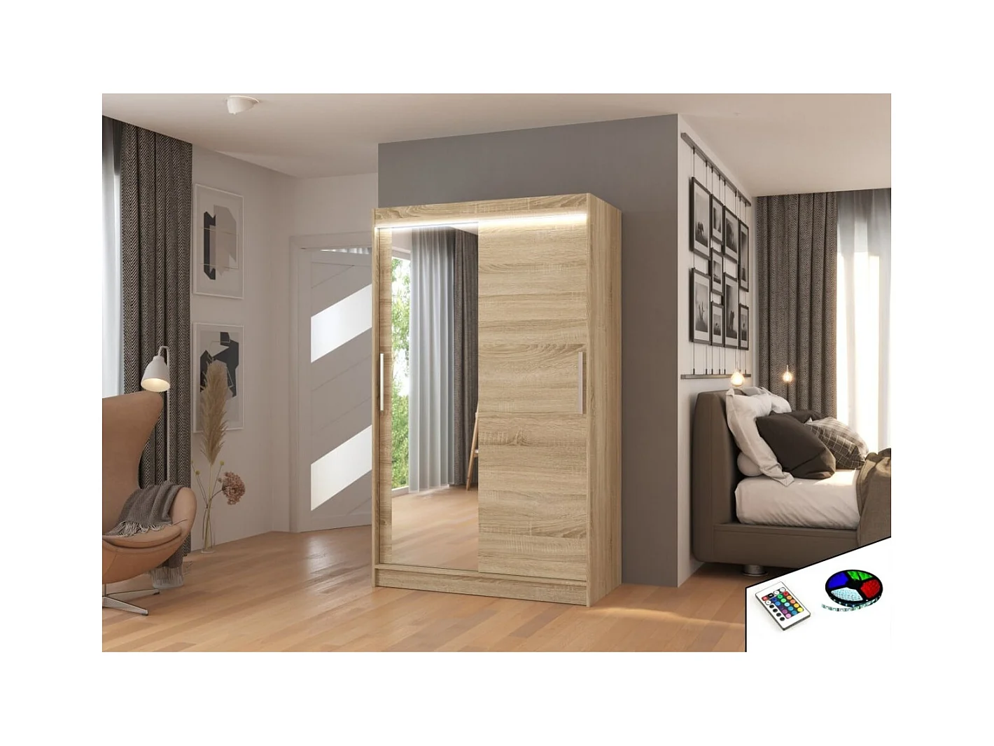 Armoire Lario Lux (120cm)/portes coulissantes/verre/LED/Sonoma