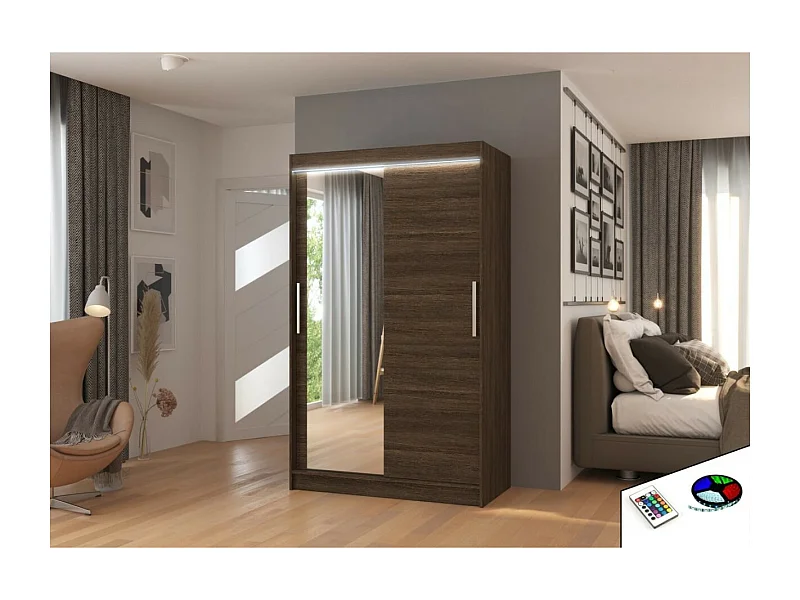 Armoire Lario Lux (120cm)/portes coulissantes/verre/LED/Marron