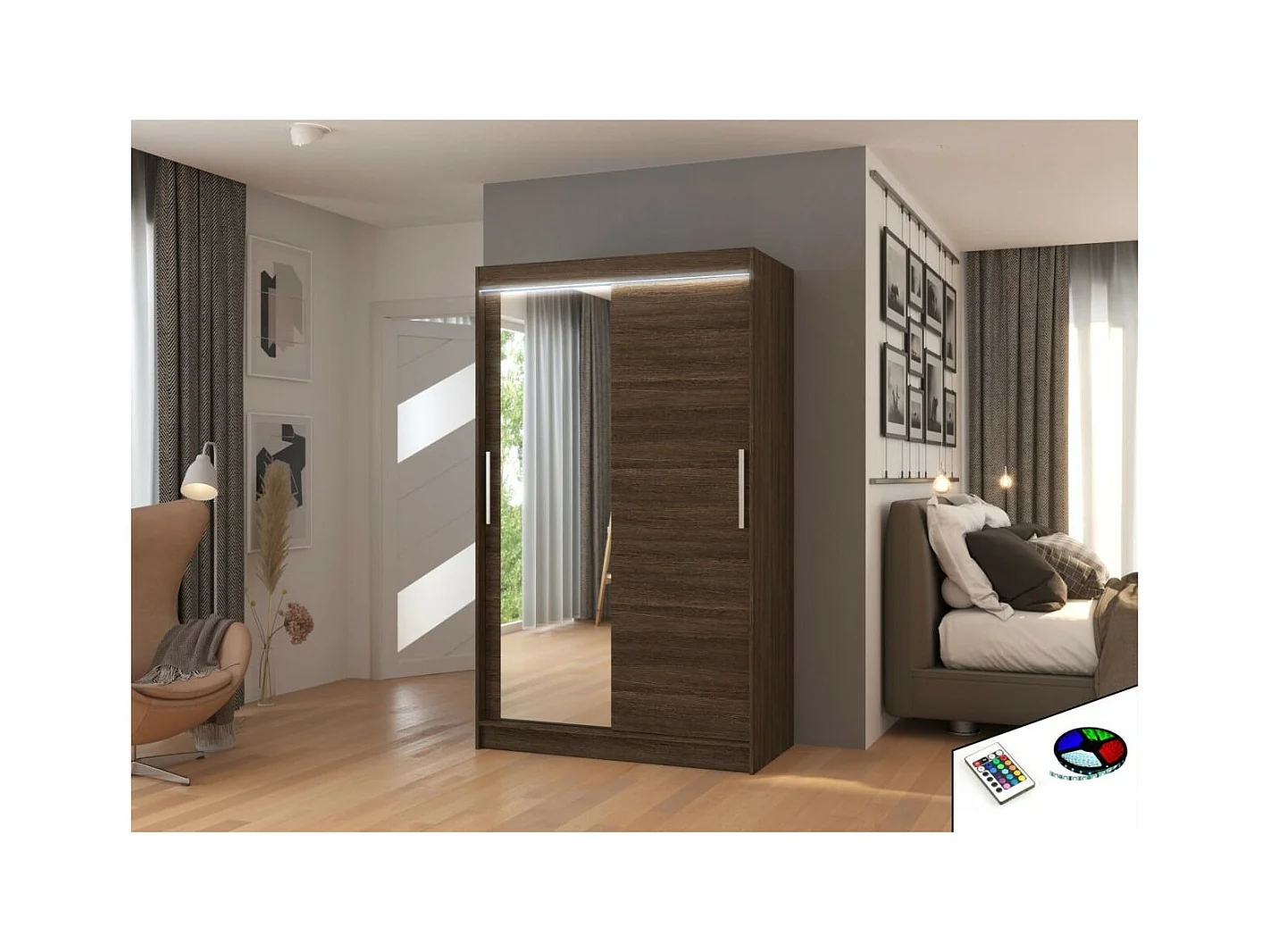 Armoire Lario Lux (120cm)/portes coulissantes/verre/LED/Marron