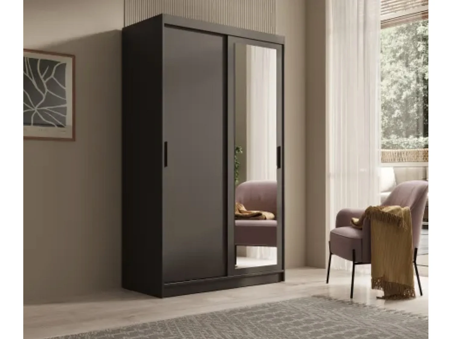 Armoire coulissante BALEY avec miroir – Dressing moderne et gain de place-Noir-Largeur 120 cm