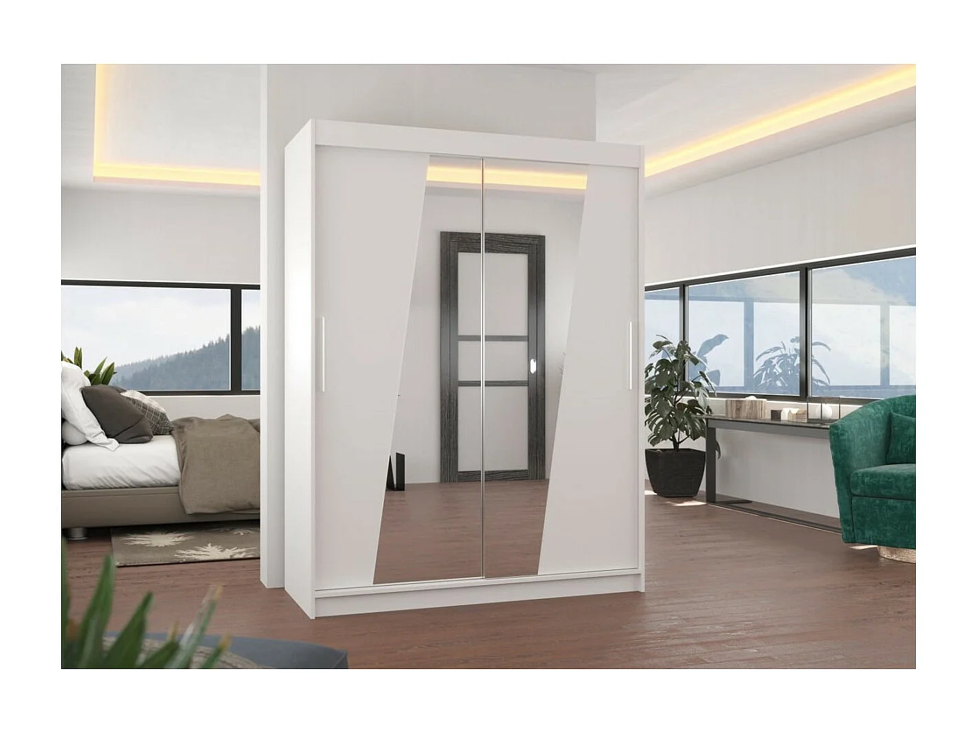 Armadio Belton (150cm)/ante scorrevoli/specchio/Bianco