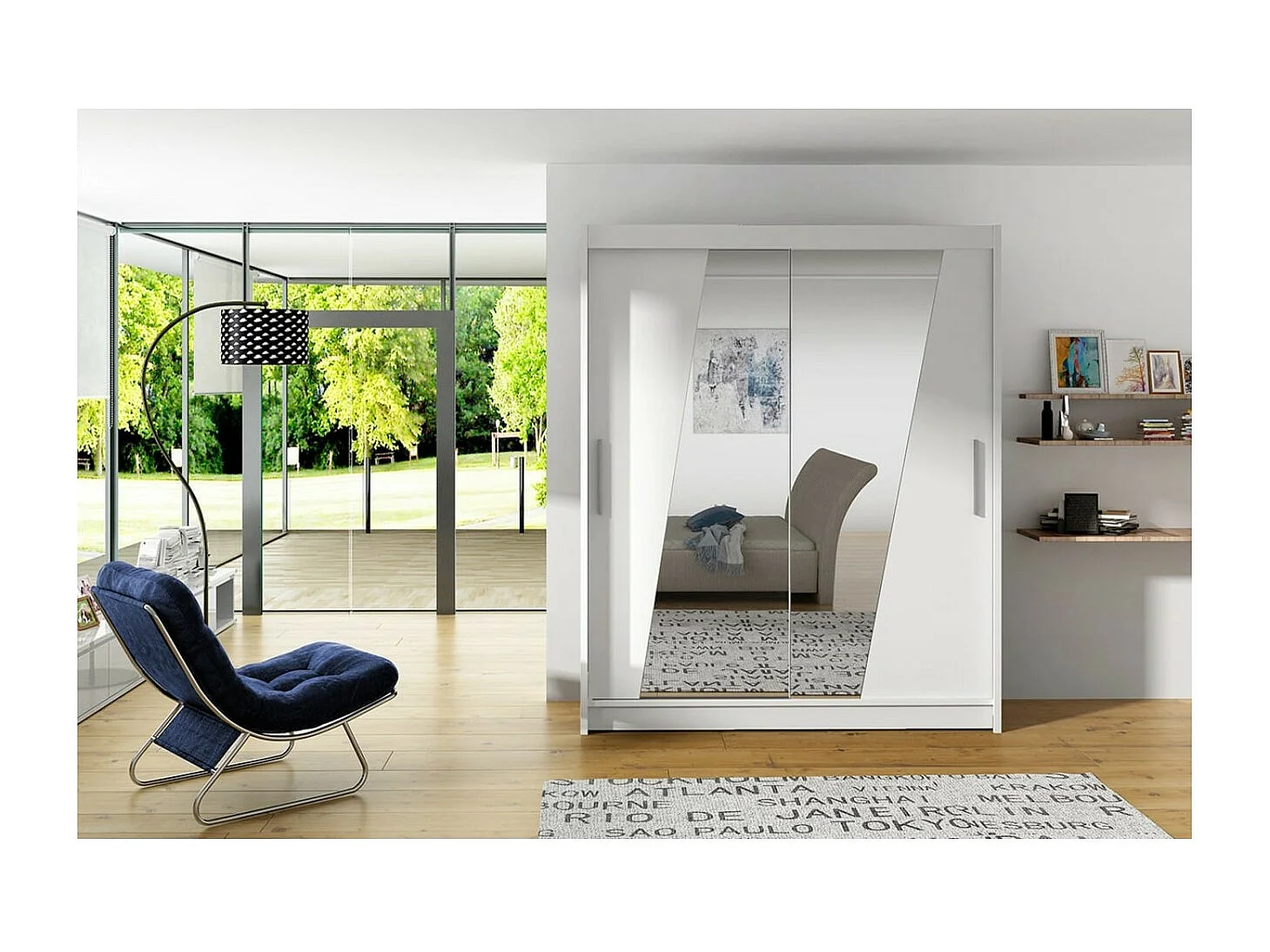 Armadio Belton (150cm)/ante scorrevoli/specchio/Bianco