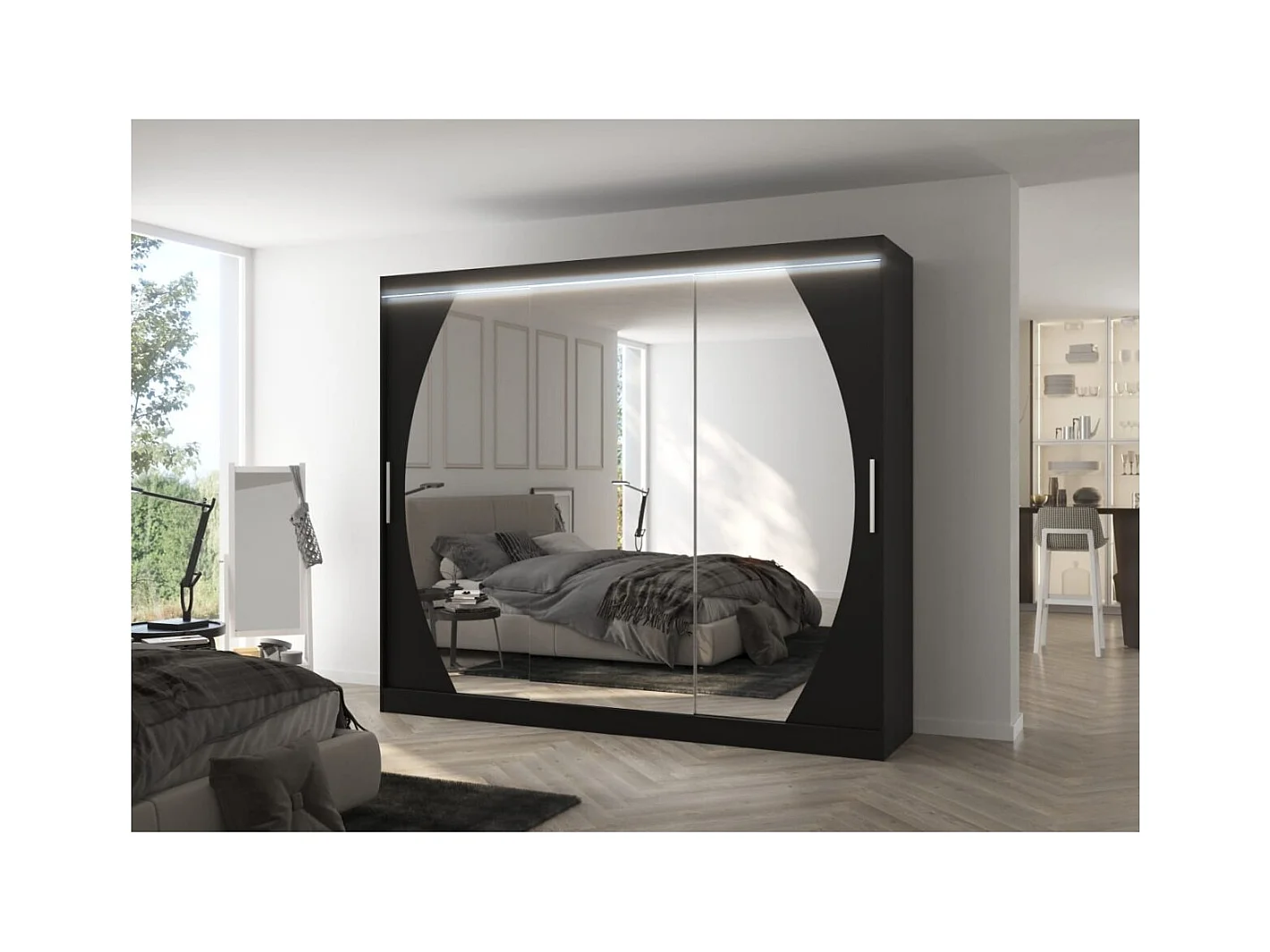 Armadio Bambe Lux (250cm)/ante scorrevoli/specchio/LED/Nero