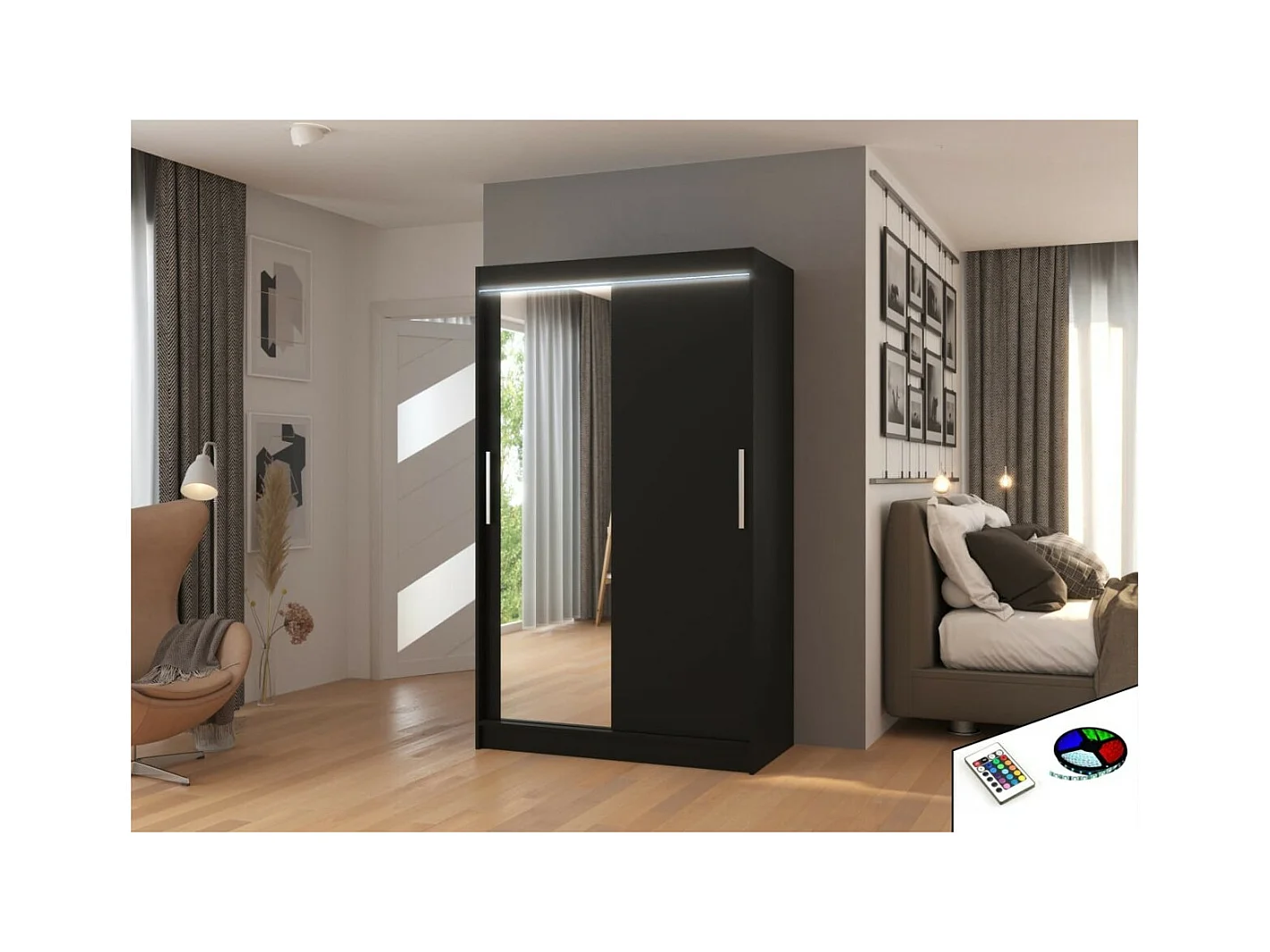 Armoire Lario Lux (120cm)/portes coulissantes/verre/LED/Noir