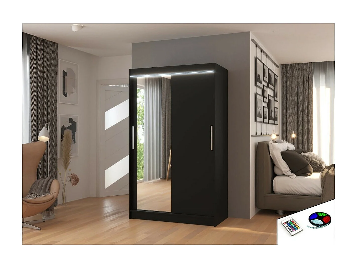 Armoire Lario Lux (120cm)/portes coulissantes/verre/LED/Noir