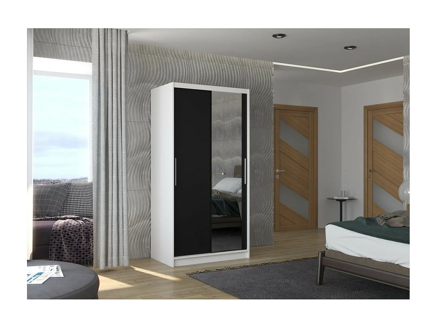 Armoire Daros (100cm)/portes coulissantes/miroir/Blanc&Noir