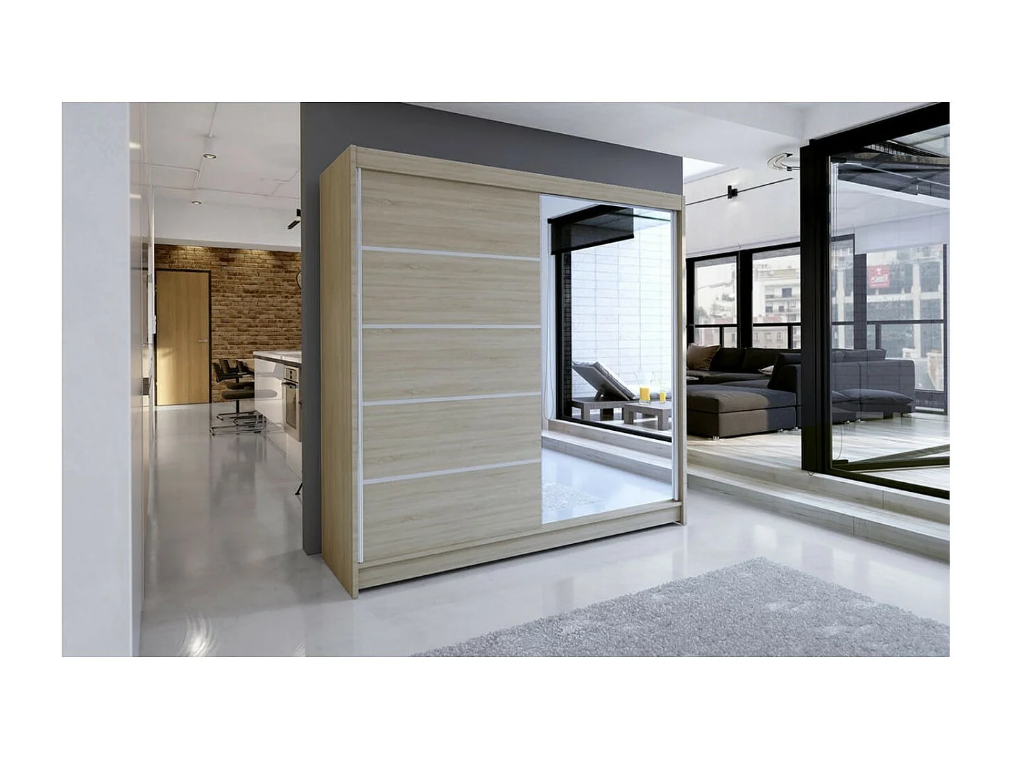 Armoire Taro (180cm)/portes coulissantes/miroir/Sonoma