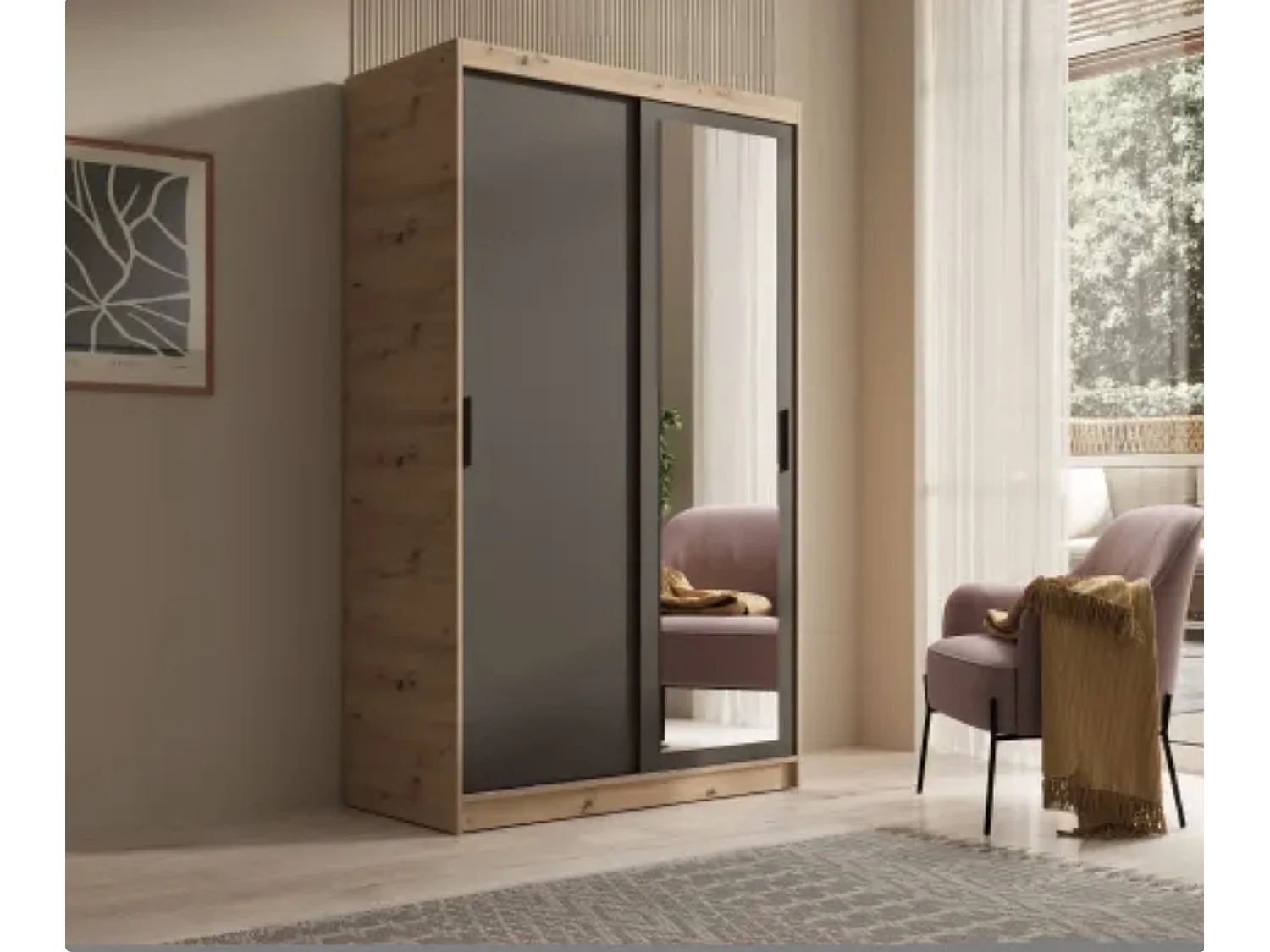 Armoire coulissante BALEY avec miroir – Dressing moderne et gain de place-Naturel/Noir-Largeur 120 cm