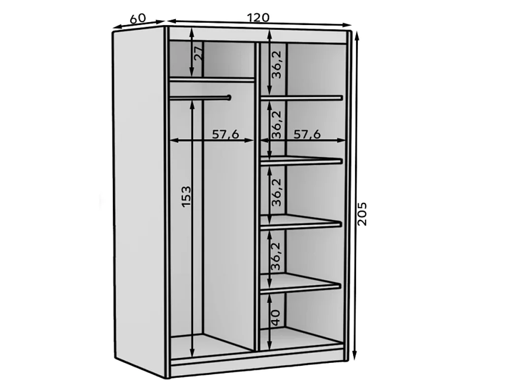 Armoire coulissante BALEY avec miroir – Dressing moderne et gain de place-Naturel/Noir-Largeur 120 cm
