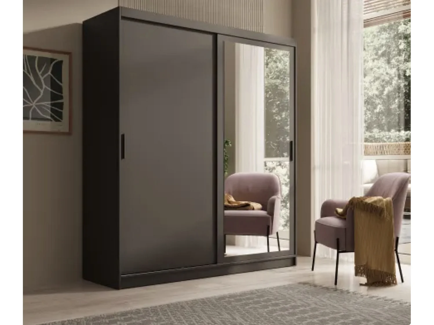 Armoire coulissante BALEY avec miroir – Dressing moderne et gain de place-Naturel/Noir-Largeur 120 cm