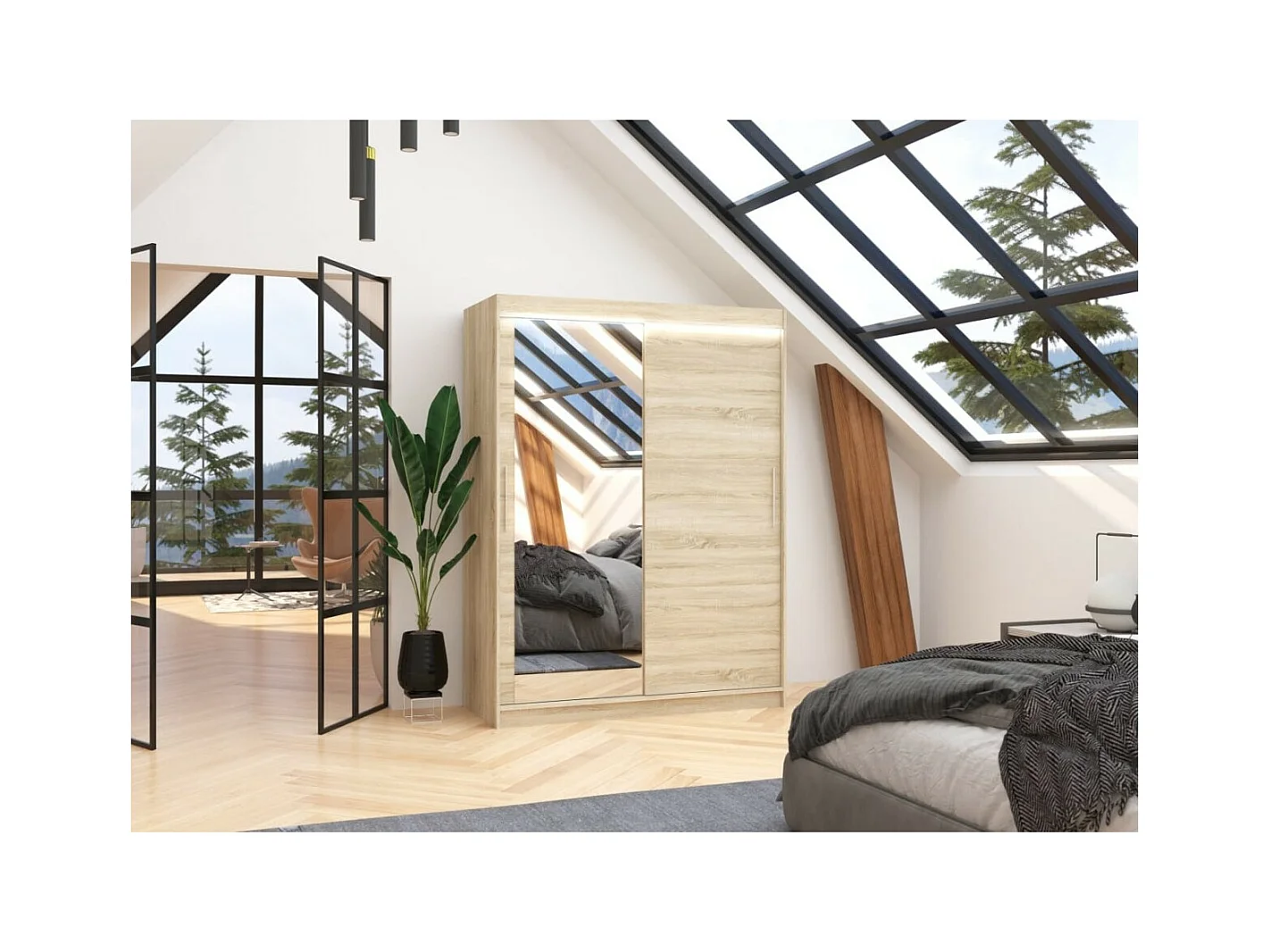 Kleiderschrank Nico (150cm)/Schiebetüren/Spiegel/LED/Sonoma