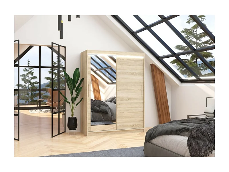 Kleiderschrank Nico (150cm)/Schiebetüren/Spiegel/LED/Sonoma