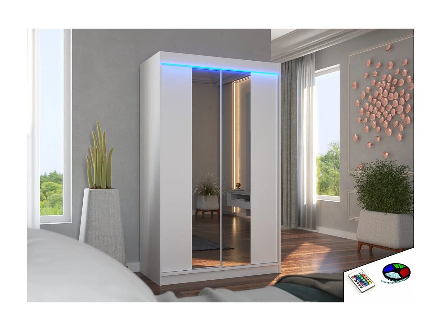 Armoire Darvin (120cm)/portes coulissantes/miroir/LED/Blanc