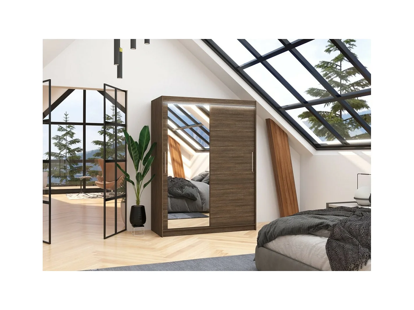 Armoire Nico (150cm)/portes coulissantes/miroir/LED/Marron