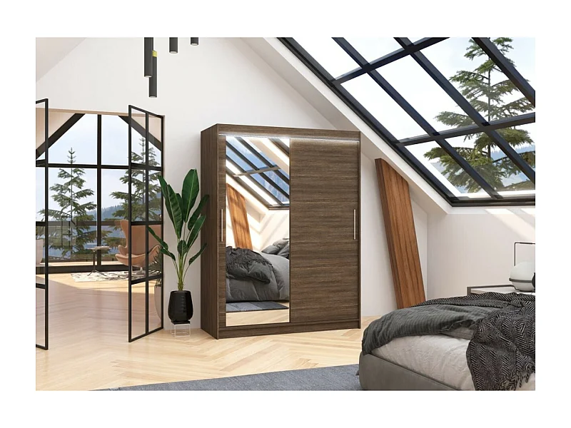 Kleiderschrank Nico (150cm)/Schiebetüren/Spiegel/LED/Braun