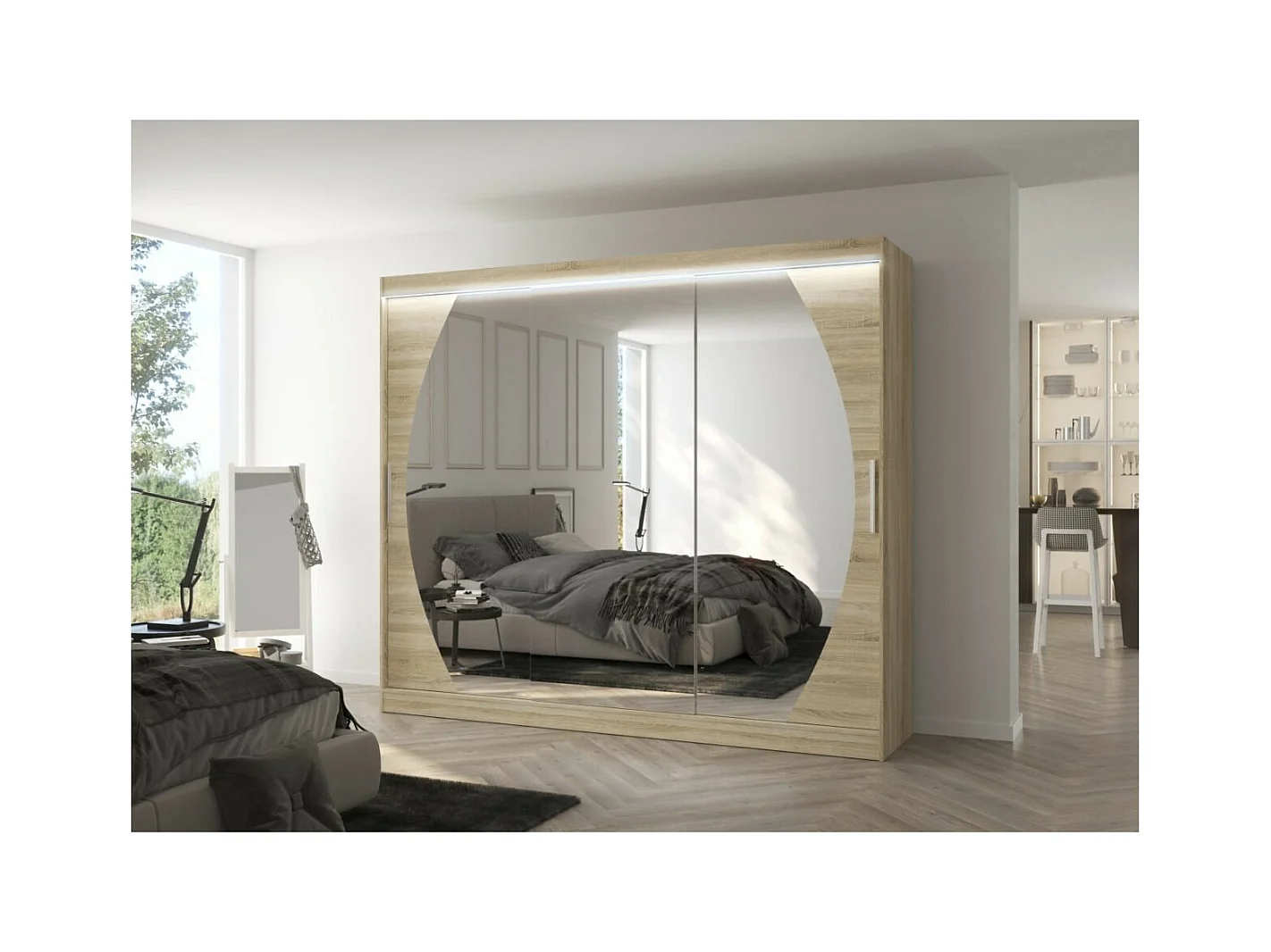 Kleiderschrank Bambe Lux (250cm)/Schiebetüren/Spiegel/LED/Sonoma