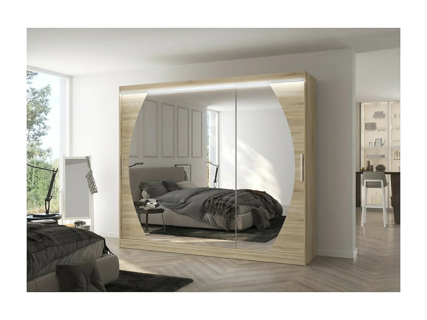 Kleiderschrank Bambe Lux (250cm)/Schiebetüren/Spiegel/LED/Sonoma