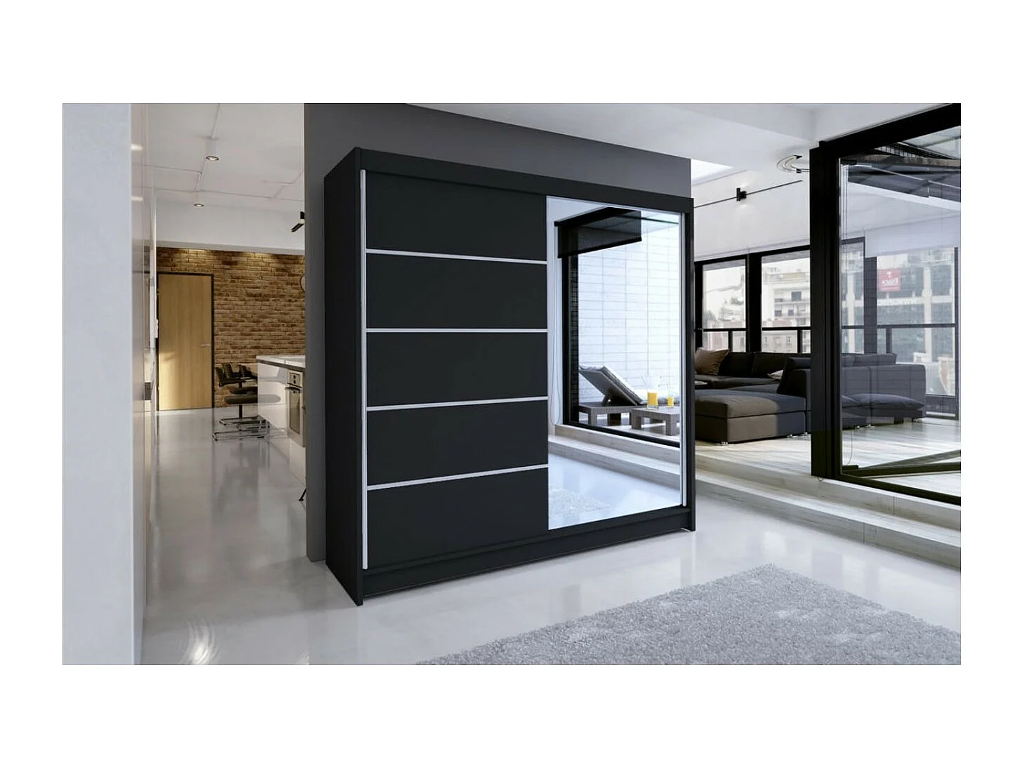 Armoire Taro (180cm)/portes coulissantes/miroir/Noir