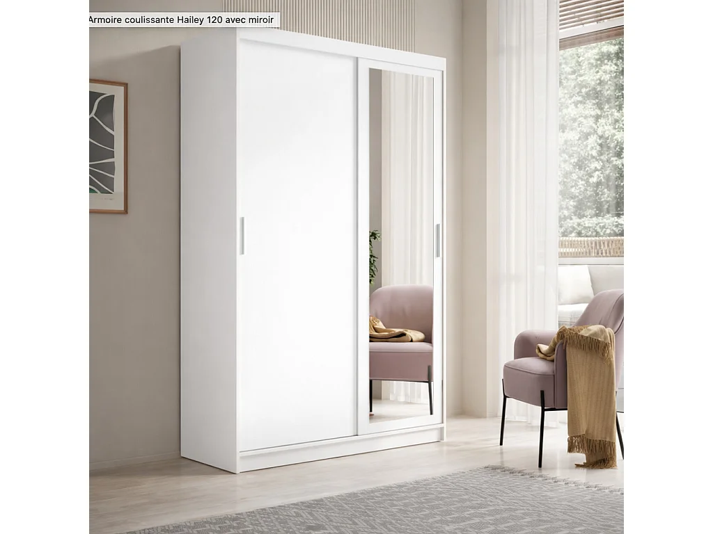 Armoire coulissante BALEY avec miroir – Dressing moderne et gain de place-Blanc-Largeur 120 cm