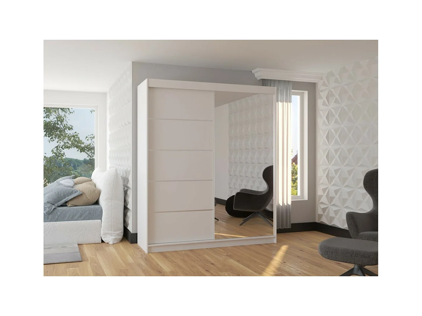 Kleiderschrank Taro (180cm)/Schiebetüren/Spiegel/Weiss