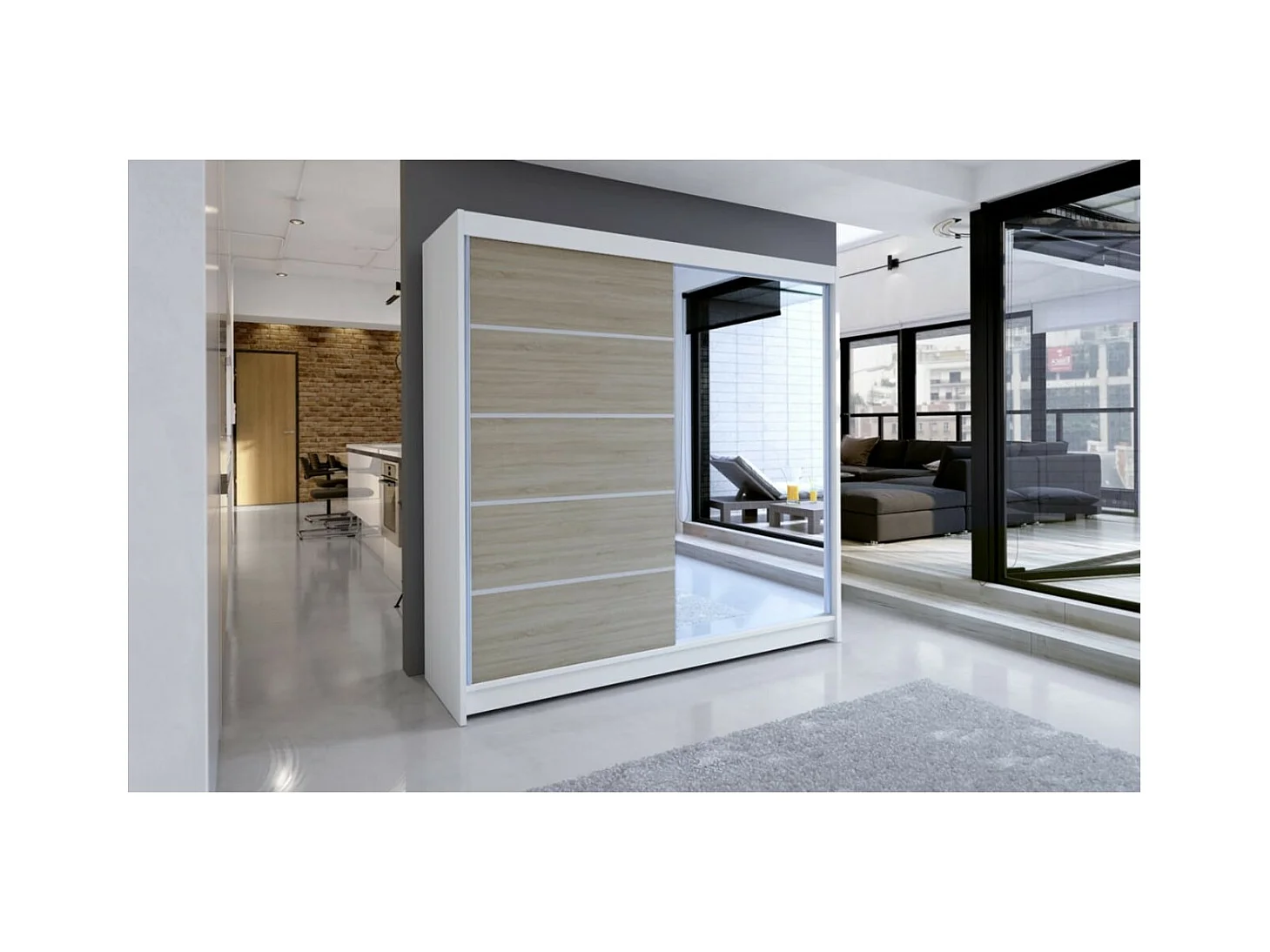 Kleiderschrank Taro (180cm)/Schiebetüren/Spiegel/Sonoma&Weiss