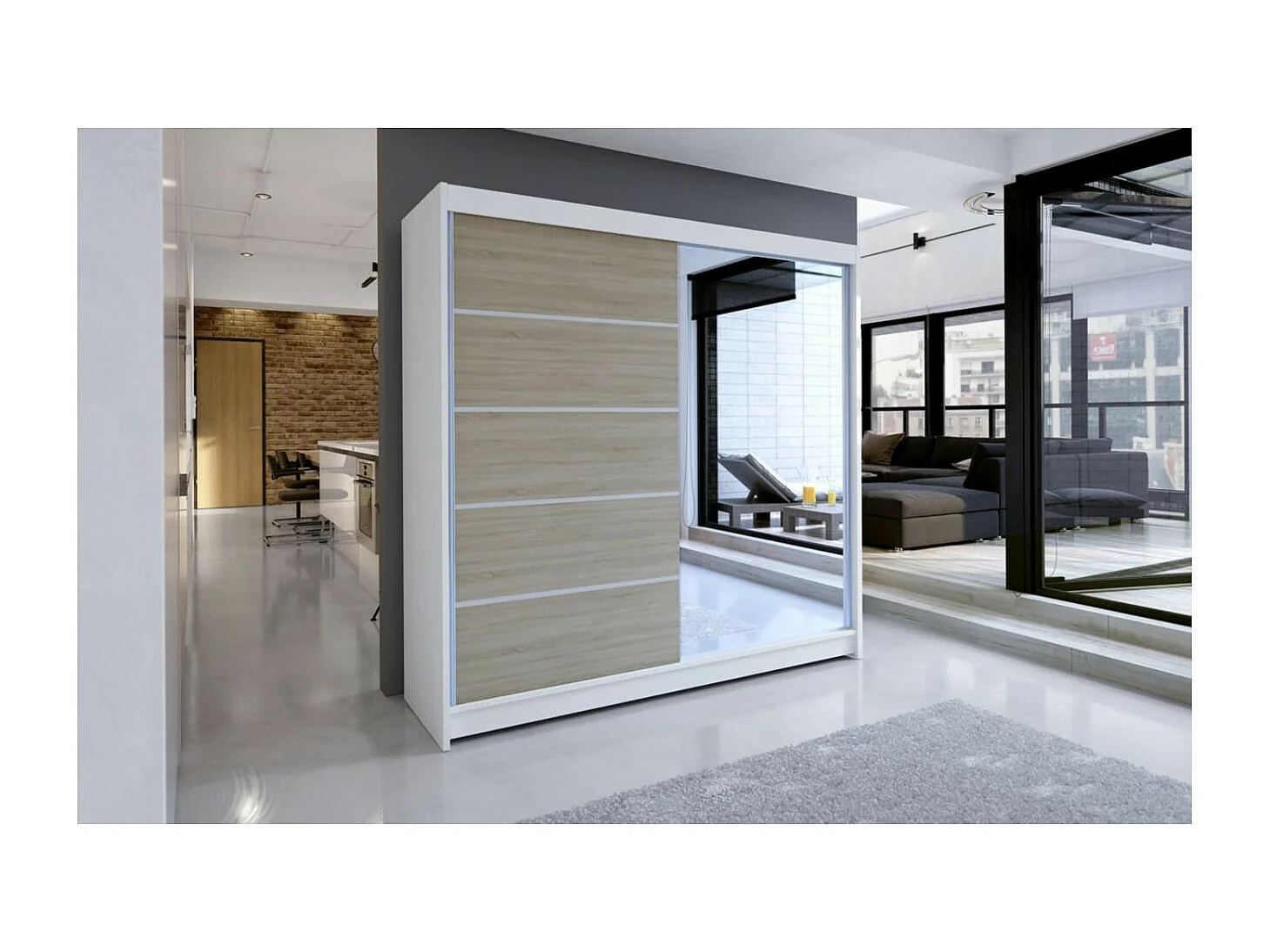 Armoire Taro (180cm)/portes coulissantes/miroir/Sonoma&Blanc