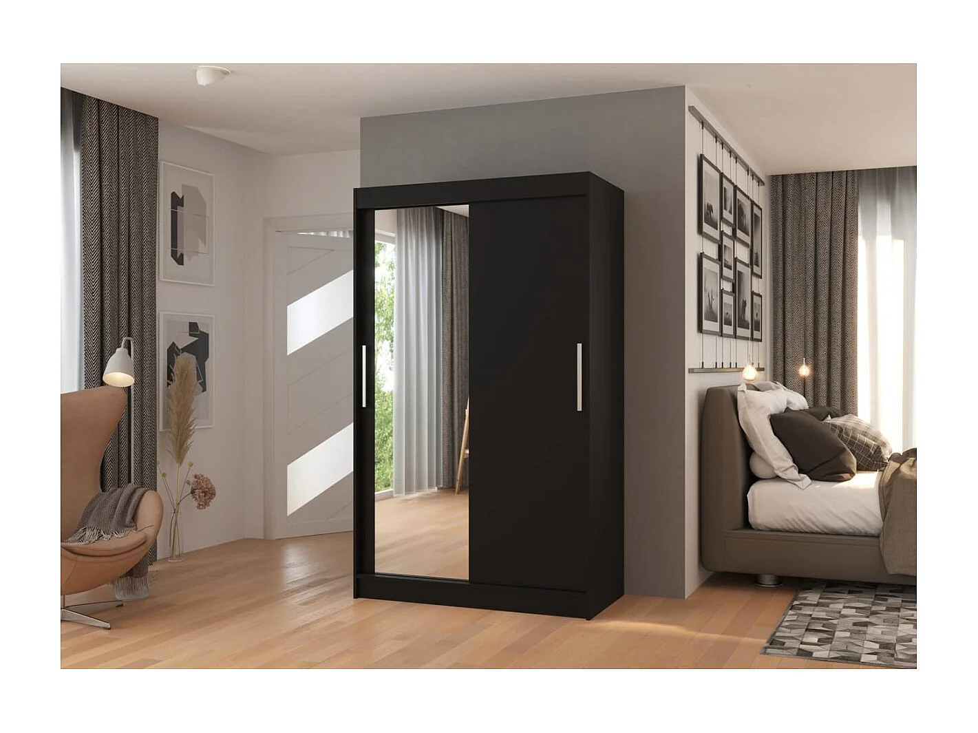 Kleiderschrank Lario (120cm)/Schiebetüren/Glas/Schwarz