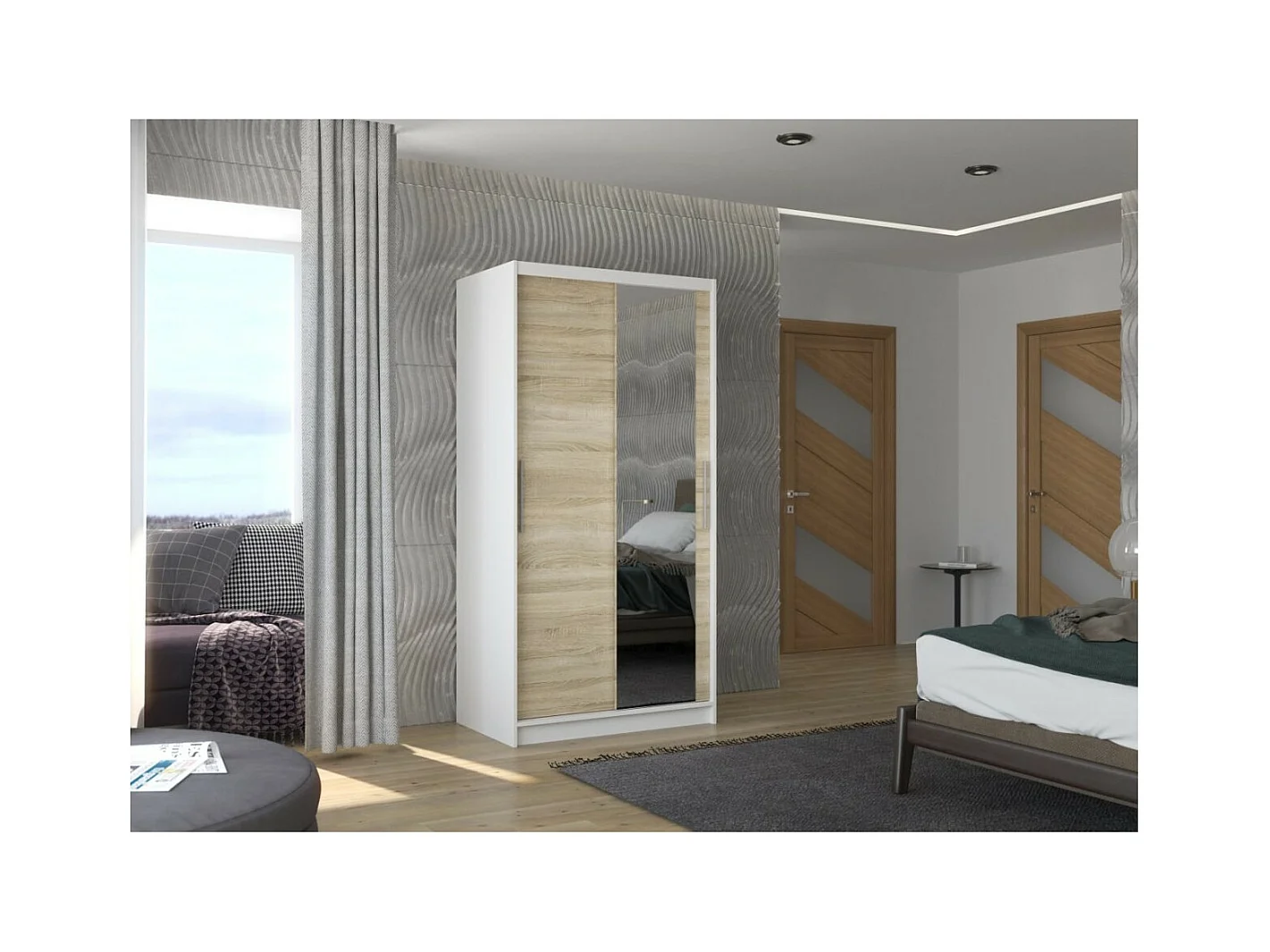 Armadio Daros (100cm)/ante scorrevoli/specchio/Bianco&Sonoma