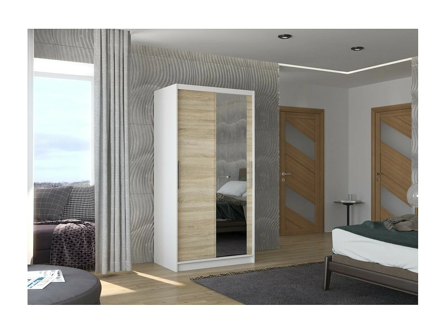 Armoire Daros (100cm)/portes coulissantes/miroir/Blanc&Sonoma