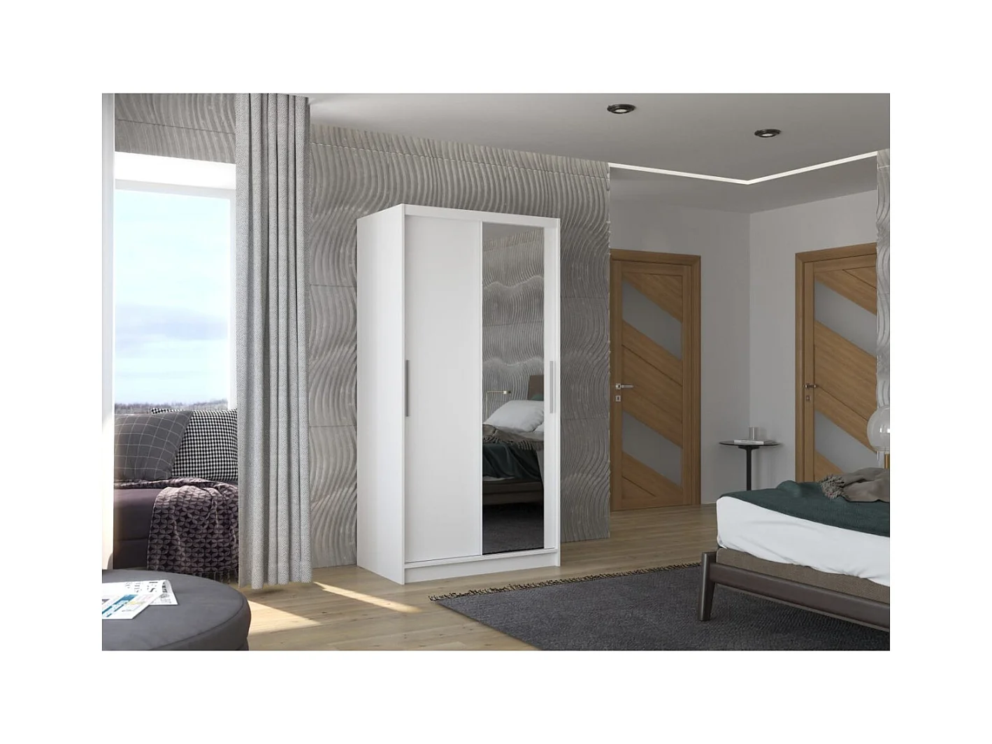 Kleiderschrank Daros (100cm)/Schiebetüren/Spiegel/Weiss