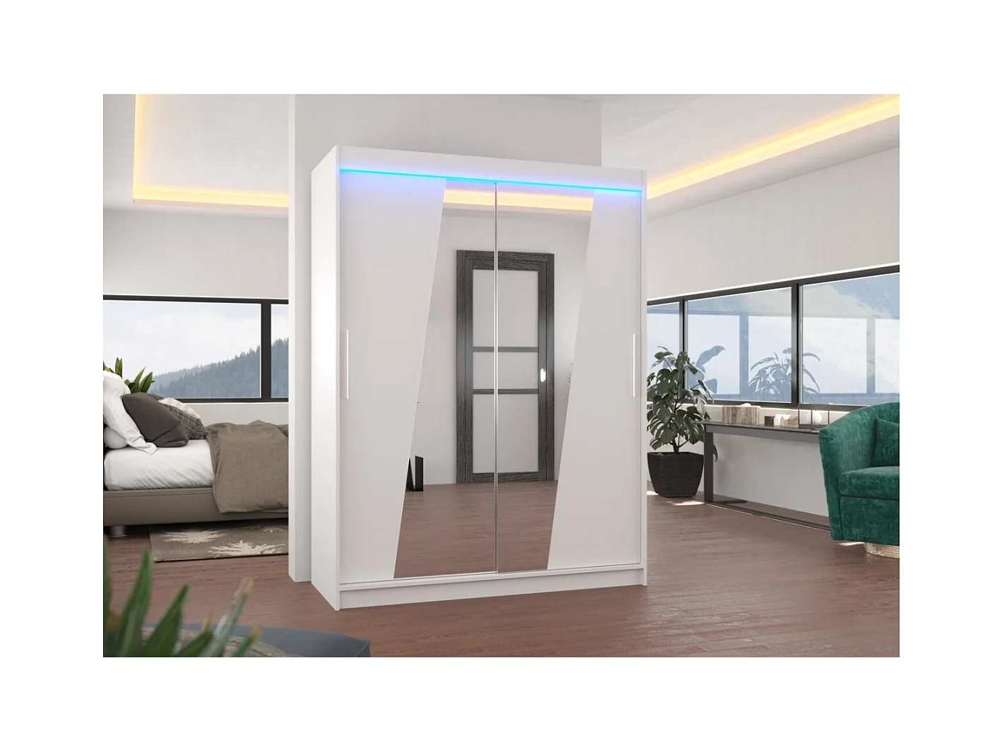 Armoire Belton (150cm)/portes coulissantes/miroir/LED/Blanc