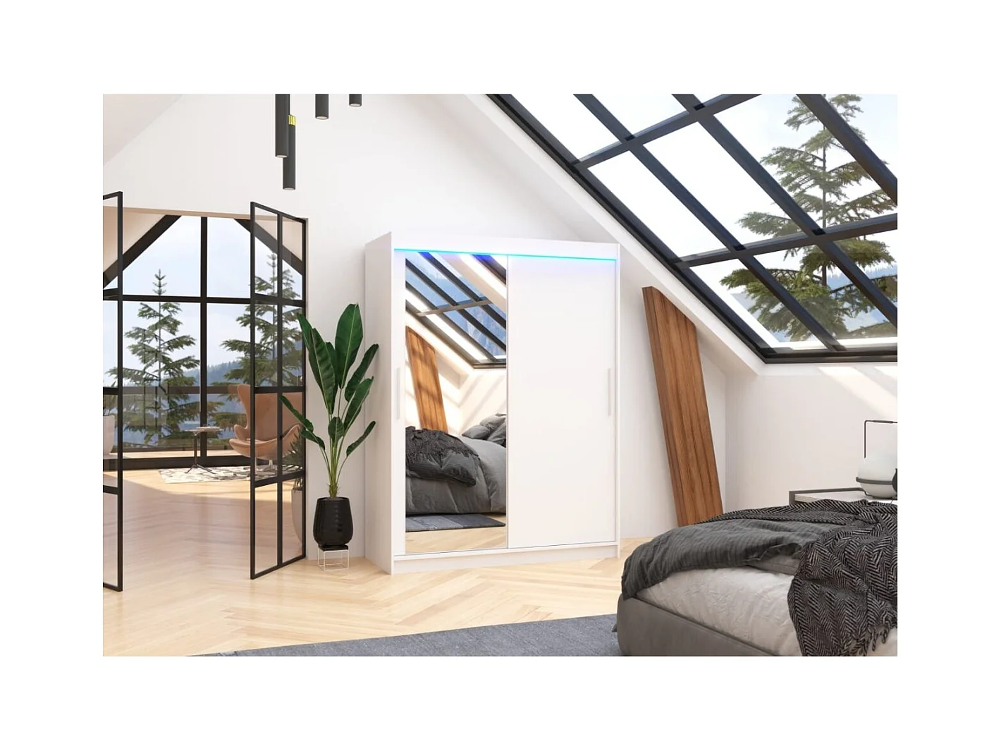 Armoire Nico (150cm)/portes coulissantes/miroir/LED/Blanc