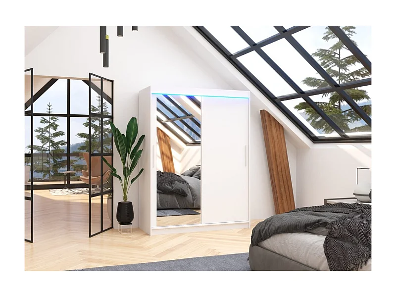 Kleiderschrank Nico (150cm)/Schiebetüren/Spiegel/LED/Weiss