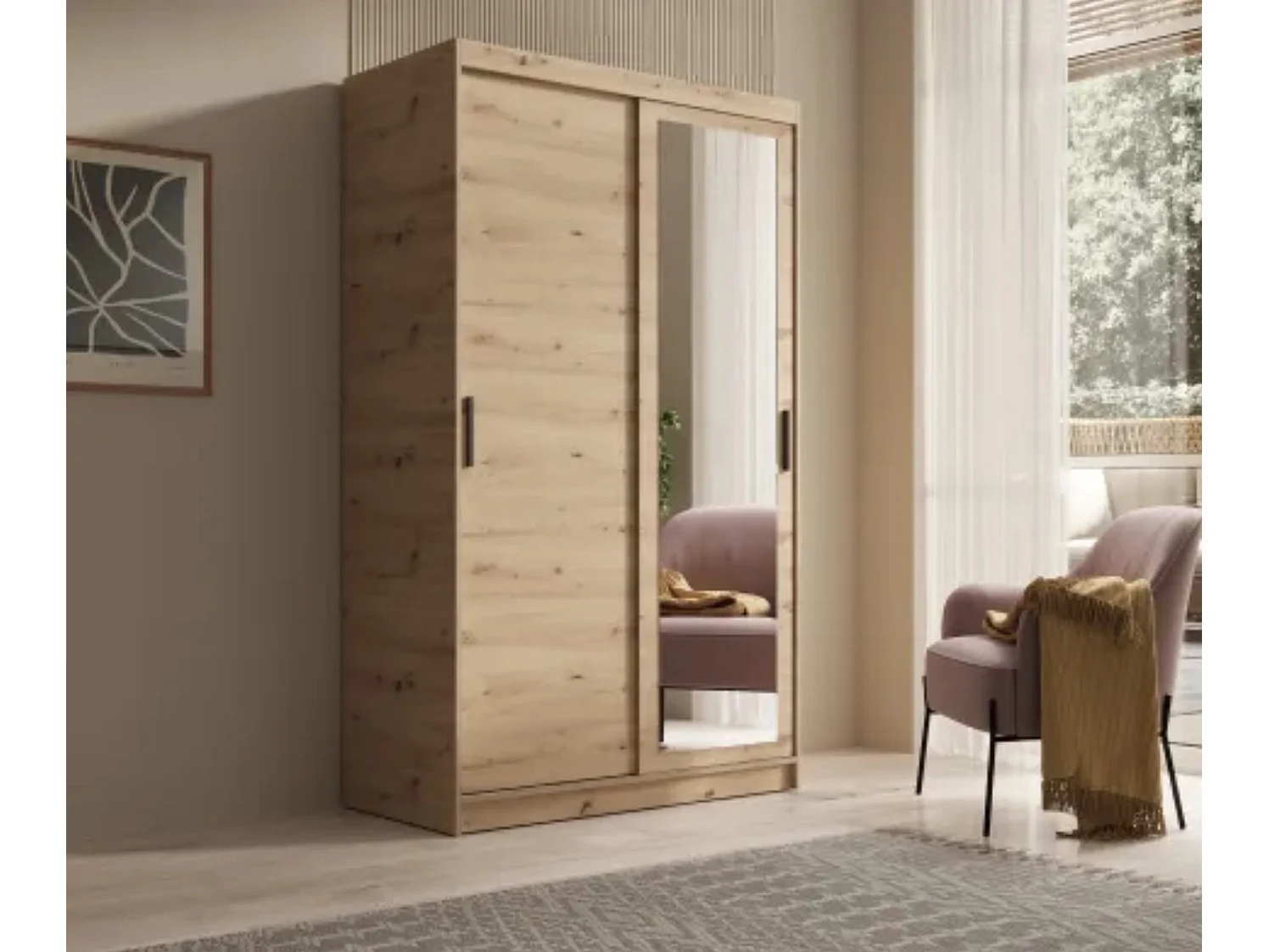 Armoire coulissante BALEY avec miroir – Dressing moderne et gain de place-Naturel-Largeur 120 cm