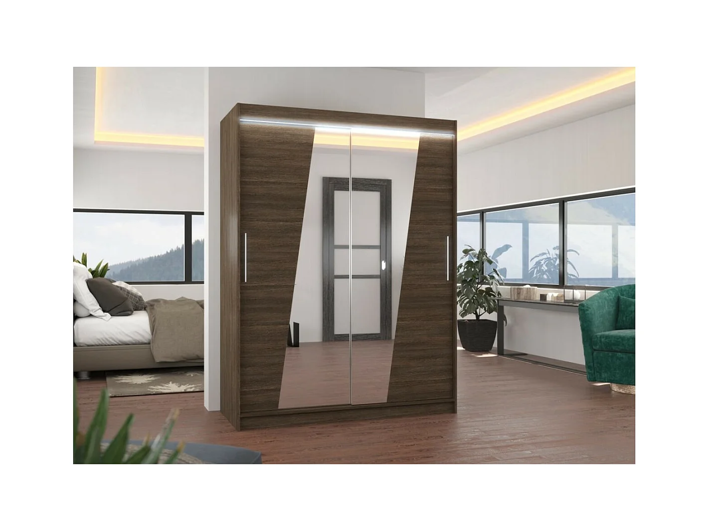 Armadio Belton (150cm)/ante scorrevoli/specchio/LED/Marrone