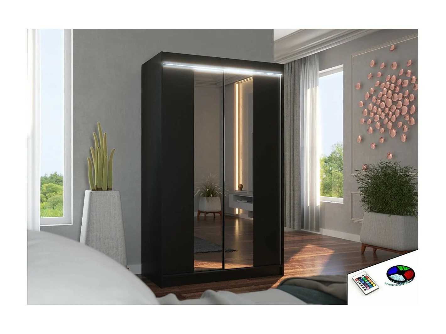Armoire Darvin (120cm)/portes coulissantes/miroir/LED/Noir