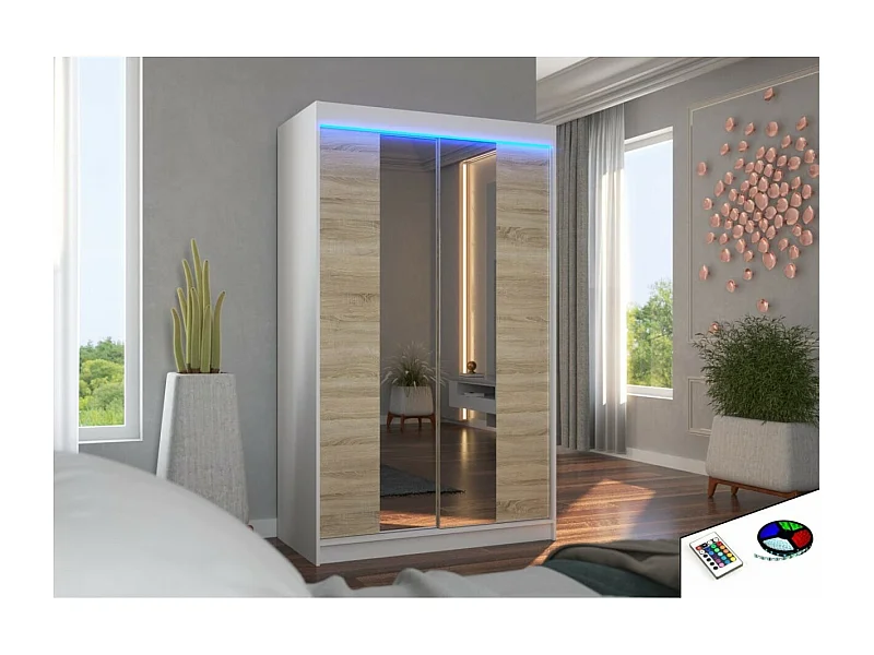 Kleiderschrank Darvin (120cm)/Schiebetüren/Spiegel/LED/Weiss&Sonoma