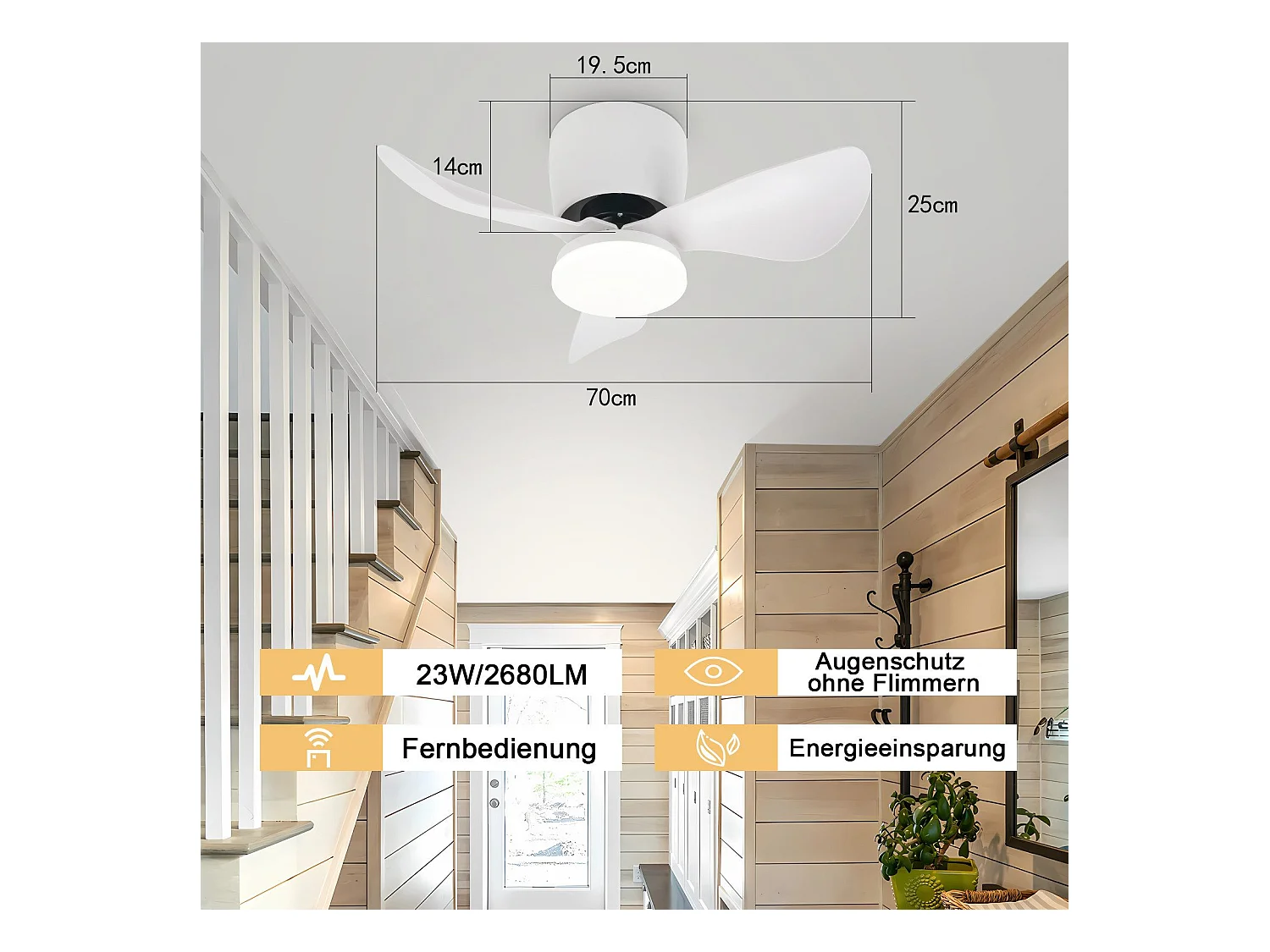 Ventilateur de plafond NETTLIFE avec éclairage, variateur, silencieux, 70 cm, LED, 23 W, blanc, été/hiver, minuterie 6 vitesses