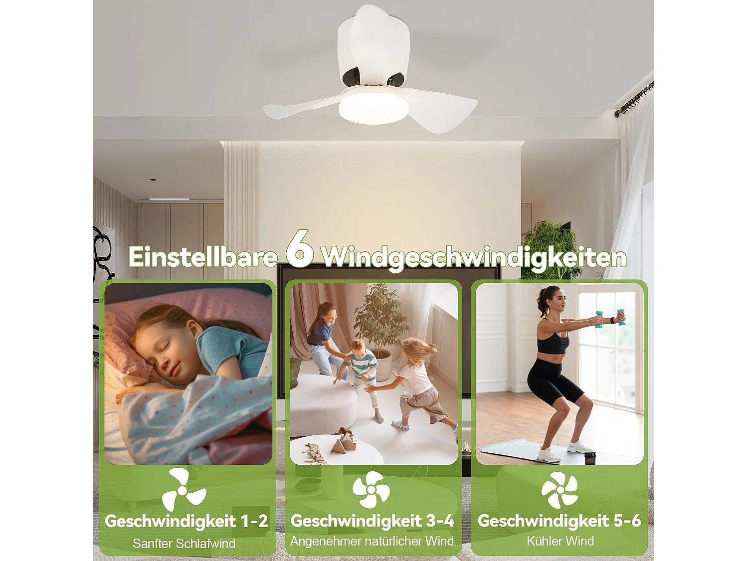 Ventilateur de plafond NETTLIFE avec éclairage, variateur, silencieux, 70 cm, LED, 23 W, blanc, été/hiver, minuterie 6 vitesses