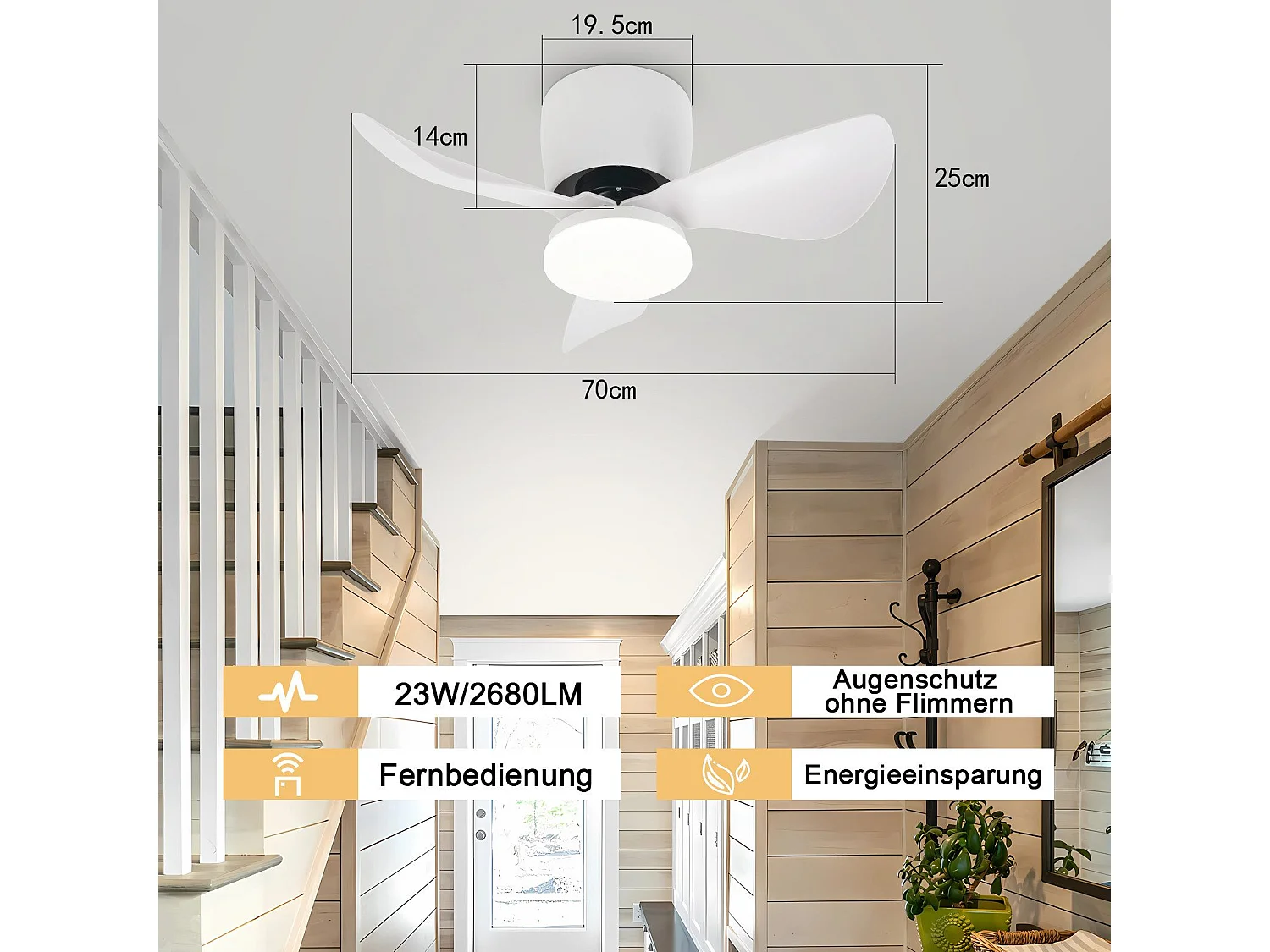 Ventilateur de plafond NETTLIFE avec éclairage, variateur, silencieux, 70 cm, LED, 23 W, blanc, été/hiver, minuterie 6 vitesses
