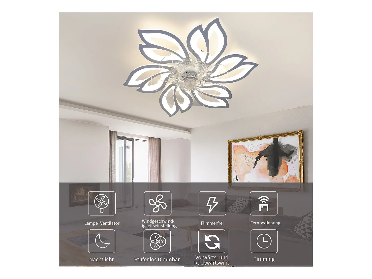 NETTLIFE Ventilateur de plafond avec éclairage et télécommande  - Lampe de plafond LED dimmable, fonction de timer , design créatif 6 lumières