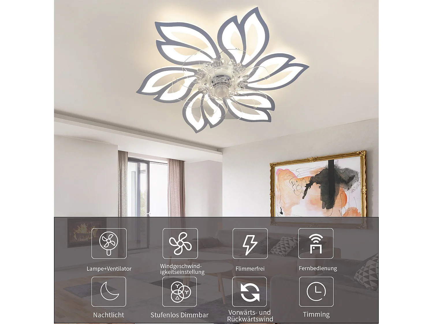 NETTLIFE Ventilateur de plafond avec éclairage et télécommande  - Lampe de plafond LED dimmable, fonction de timer , design créatif 6 lumières