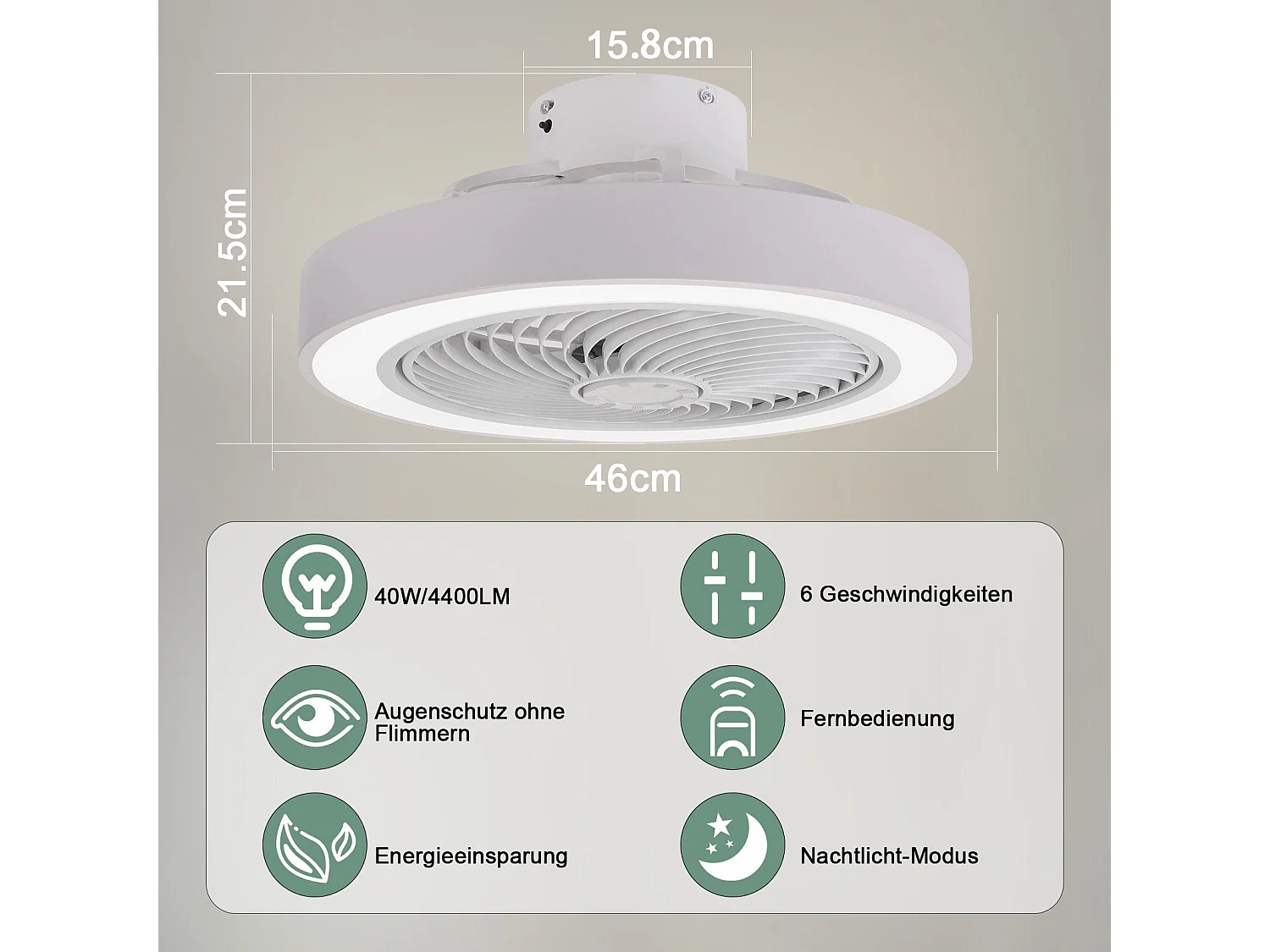 Wentylator sufitowy LED NETTLIFE z oświetleniem 40W Cichy z pilotem zdalnego sterowania, ściemniaczem, 6-biegowy timer