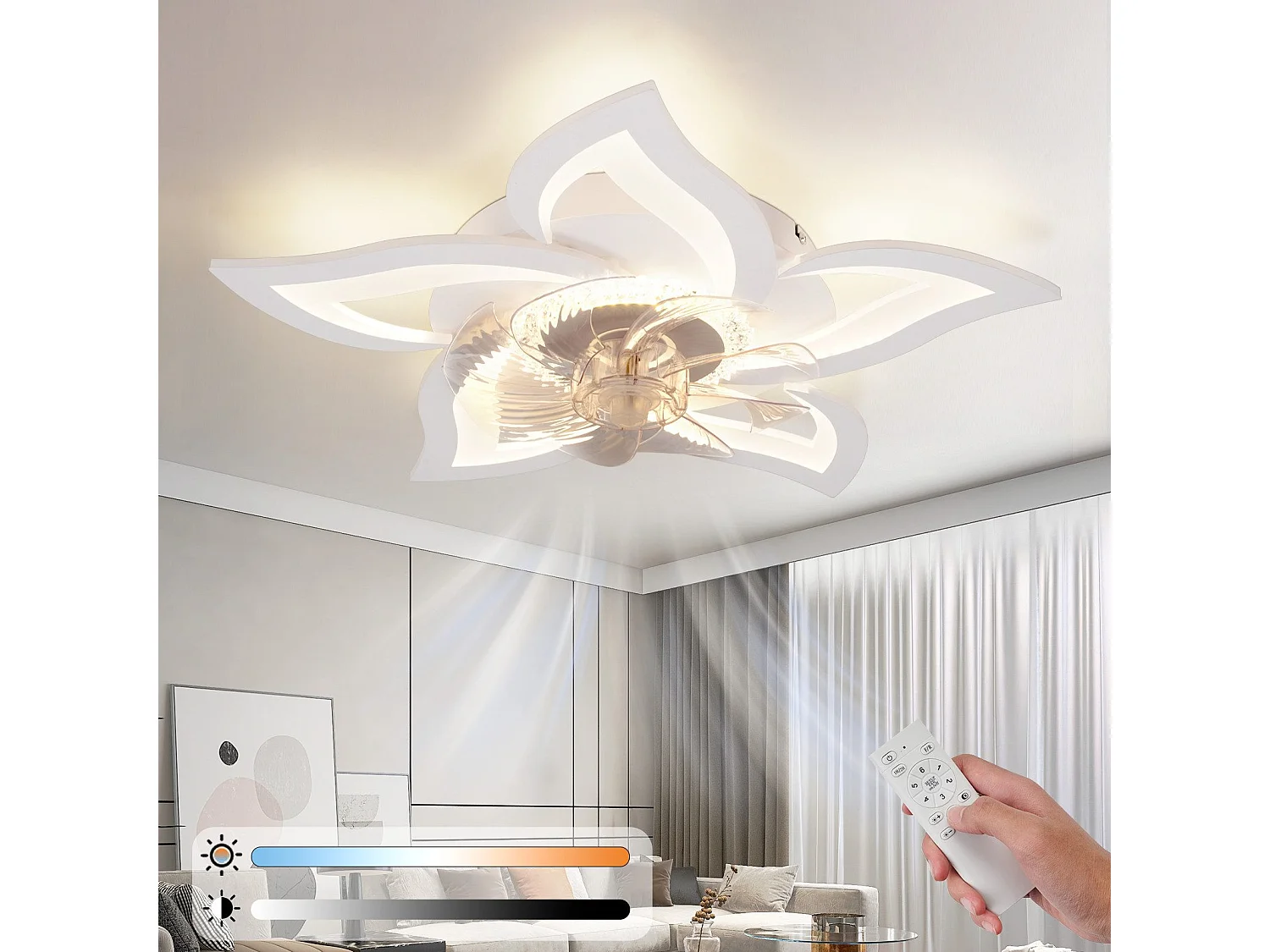 Ventilateur de plafond LED NETTLIFE avec éclairage 48 W, télécommande, intensité variable, 3 températures de couleur, minuterie 6 vitesses, blanc