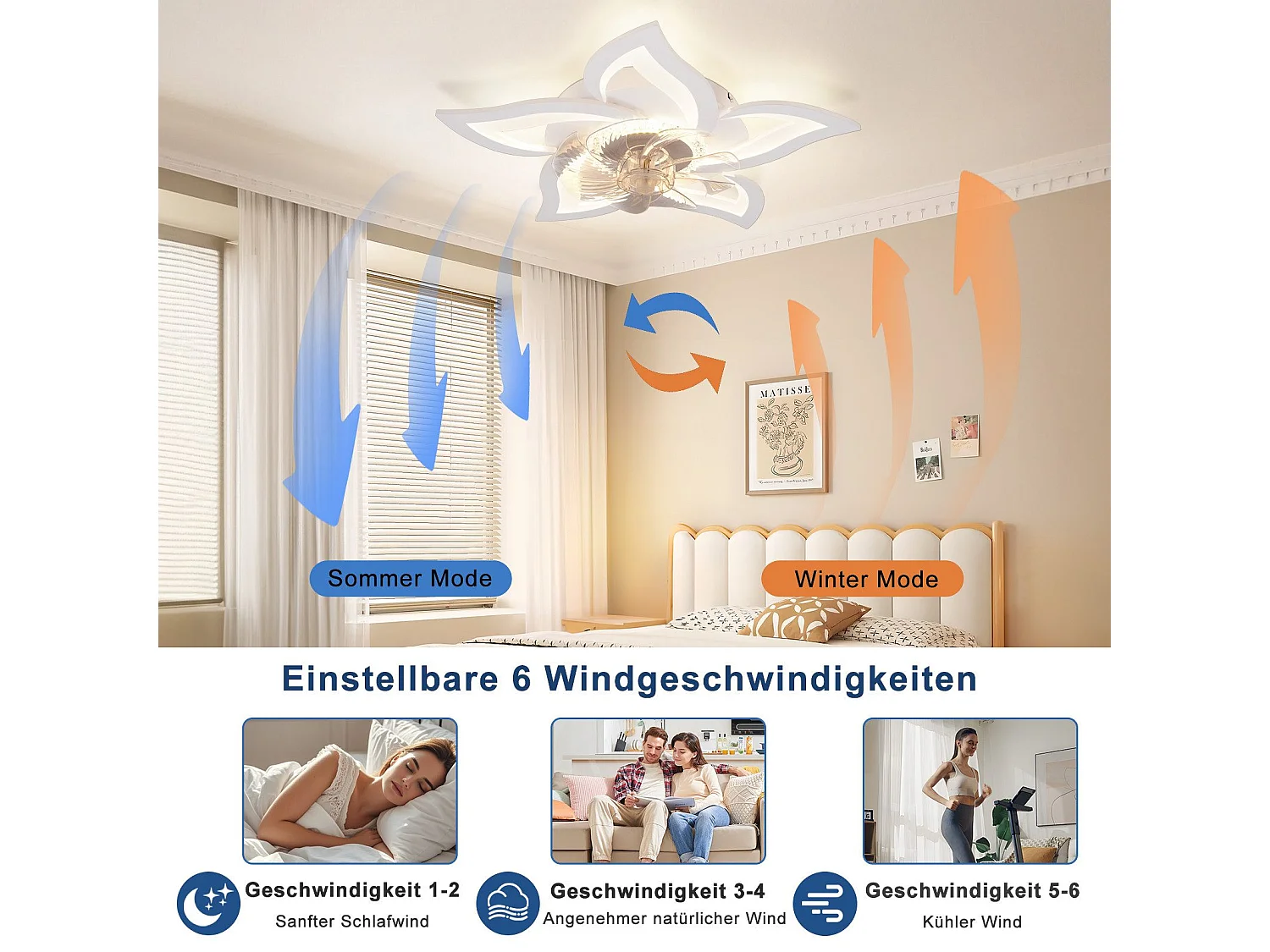 Ventilateur de plafond LED NETTLIFE avec éclairage 48 W, télécommande, intensité variable, 3 températures de couleur, minuterie 6 vitesses, blanc