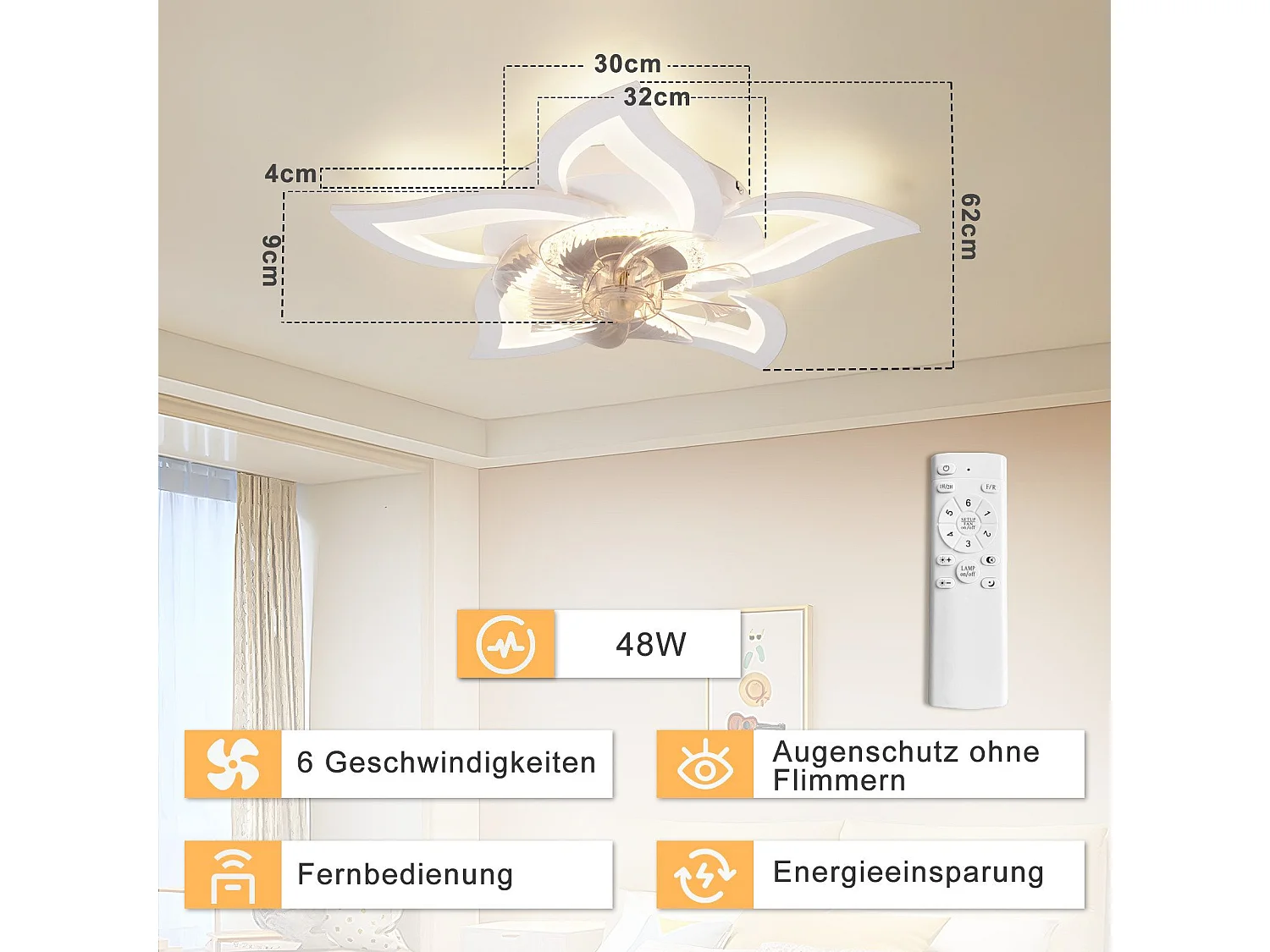 Ventilateur de plafond LED NETTLIFE avec éclairage 48 W, télécommande, intensité variable, 3 températures de couleur, minuterie 6 vitesses, blanc