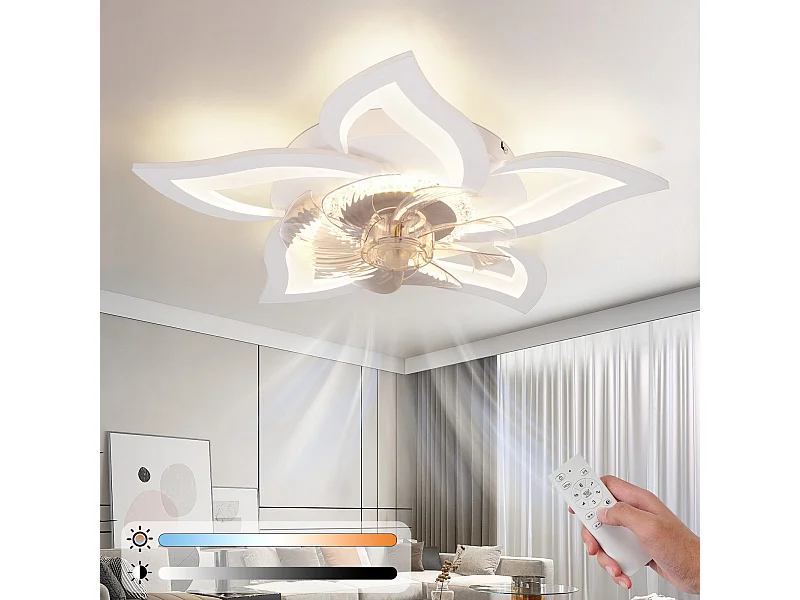 Ventilateur de plafond LED NETTLIFE avec éclairage 48 W, télécommande, intensité variable, 3 températures de couleur, minuterie 6 vitesses, blanc